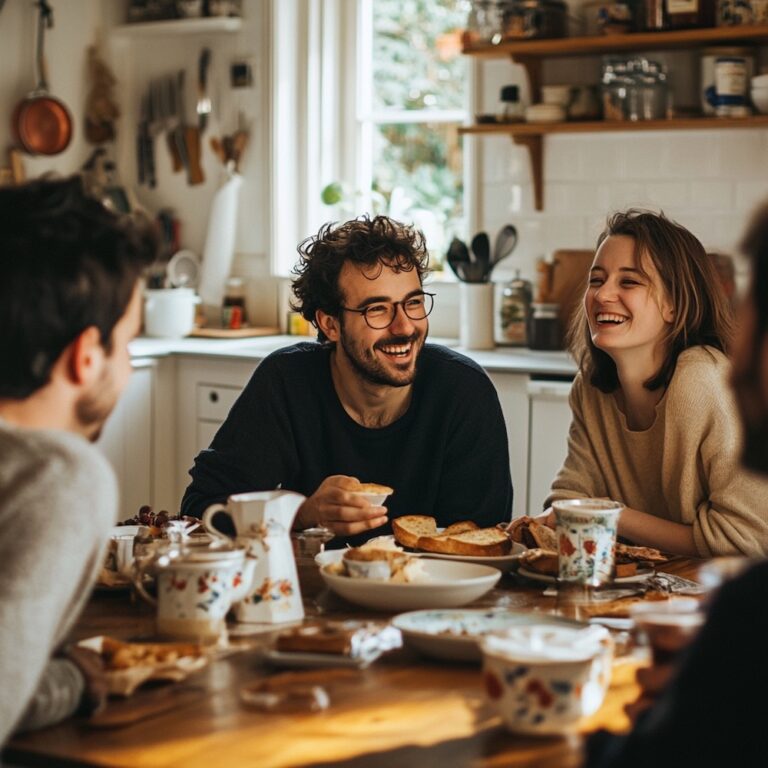 Trois adultes partagent un petit-déjeuner en riant