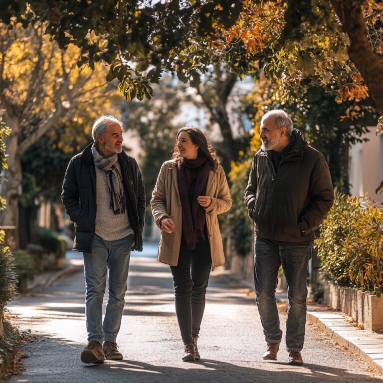 Trois adultes marchent ensemble dans une rue bordée d’arbres