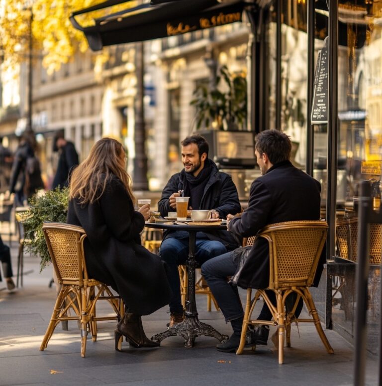 Trois adultes assis à la terrasse d’un café en ville, discutant autour d’un café