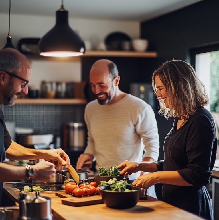 Trois adultes souriants qui cuisinent ensemble dans une cuisine chaleureuse