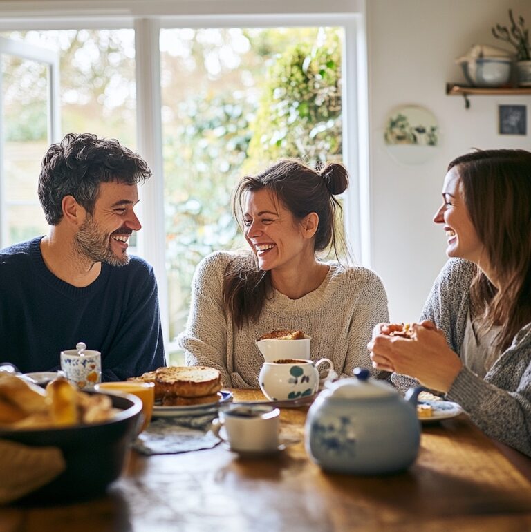 Trois adultes partagent un moment de rire à table durant un petit-déjeuner