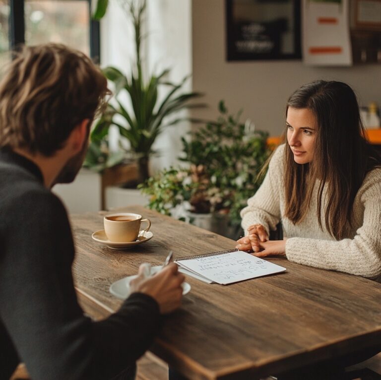Deux adultes discutent autour d’un café dans un cadre chaleureux