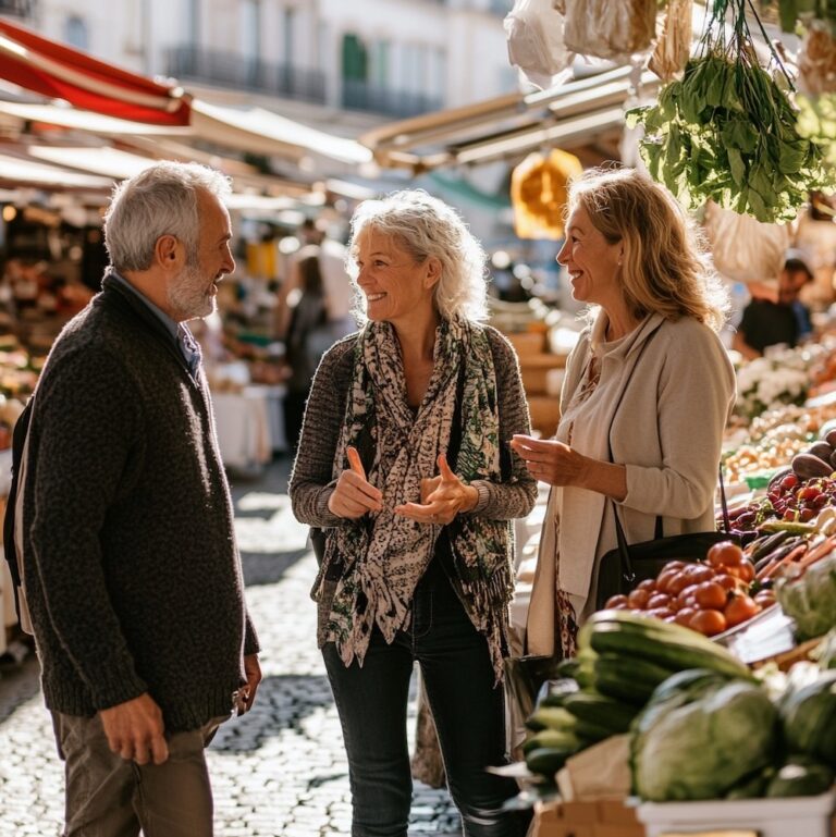 Trois adultes souriants discutant sur un marché