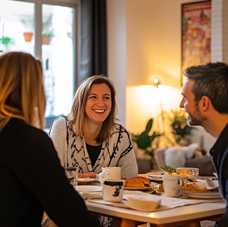 Trois adultes partagent un petit-déjeuner en anglais lors d’un séjour immersif