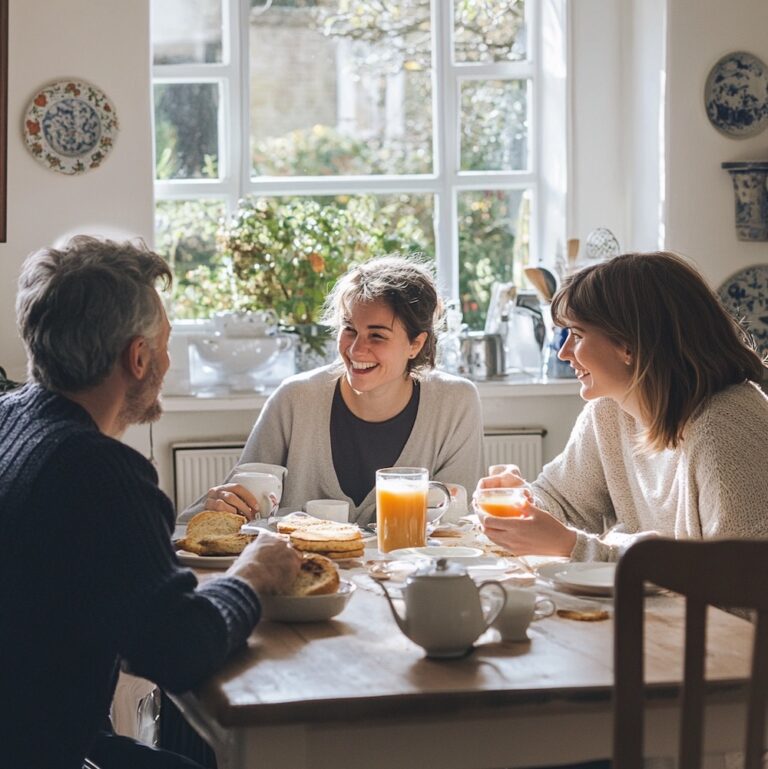 Trois adultes rient ensemble autour d’un petit-déjeuner