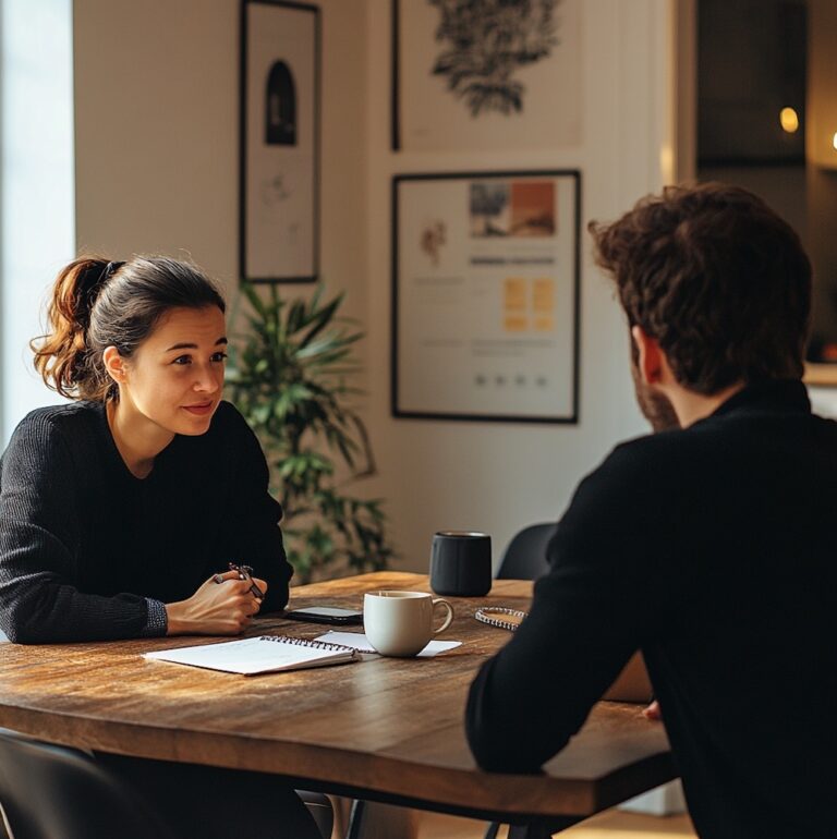Discussion professionnelle entre deux adultes