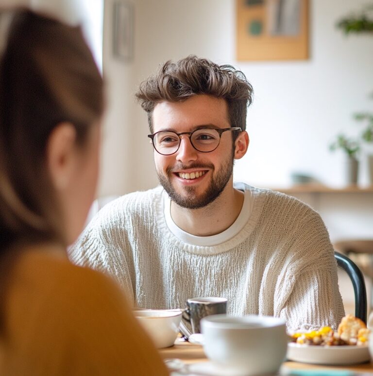 Adulte souriant pendant un repas en immersion linguistique