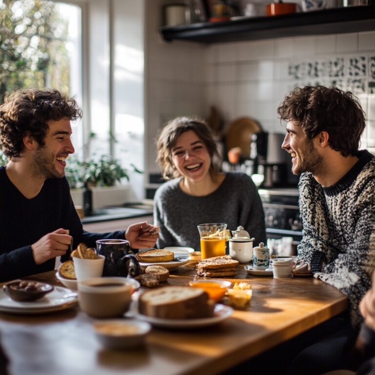 Des adultes rient autour d’un petit-déjeuner chez leur famille anglaise d’accueil
