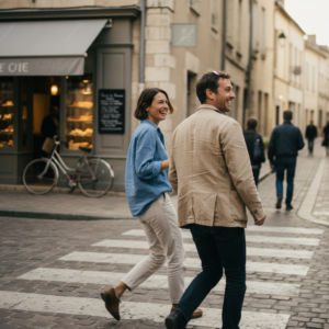 Couple d’adultes en séjour linguistique se promenant en ville, illustrant une immersion en anglais avec DAILY ENGLISH.