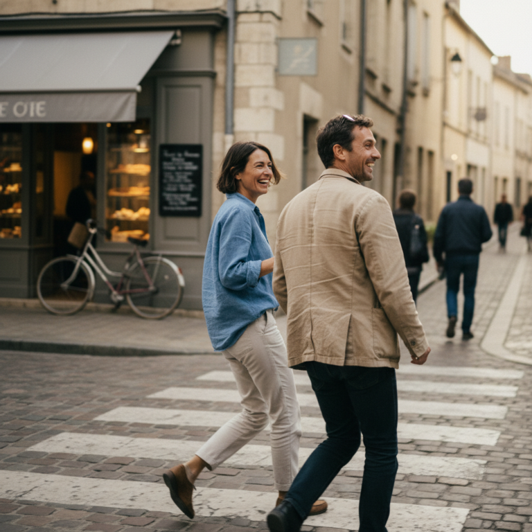 Couple d’adultes en séjour linguistique se promenant en ville, illustrant une immersion en anglais avec DAILY ENGLISH.