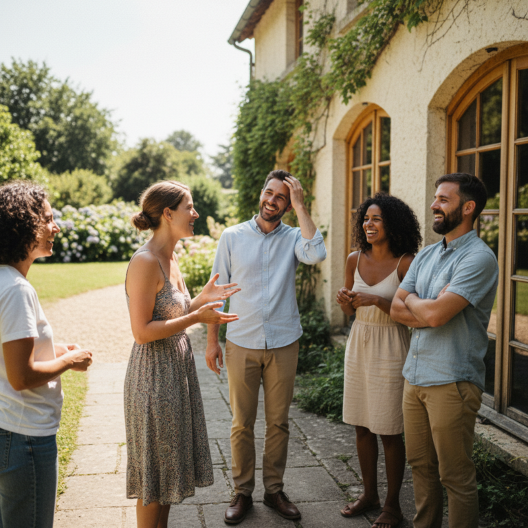 Groupe d’adultes échangeant en extérieur lors d’un séjour linguistique en immersion avec DAILY ENGLISH.