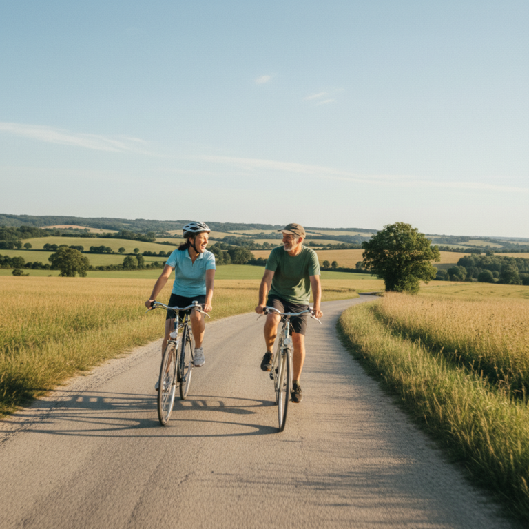 Deux adultes à vélo dans la campagne lors d’un séjour immersif en famille d’accueil anglaise proposé par DAILY ENGLISH en France.