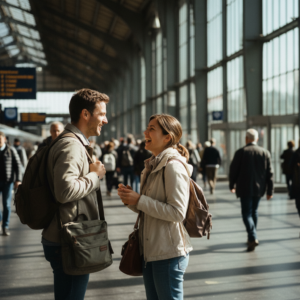 Deux adultes échangent dans une gare lors d’un séjour linguistique en famille d’accueil anglaise avec DAILY ENGLISH en France.